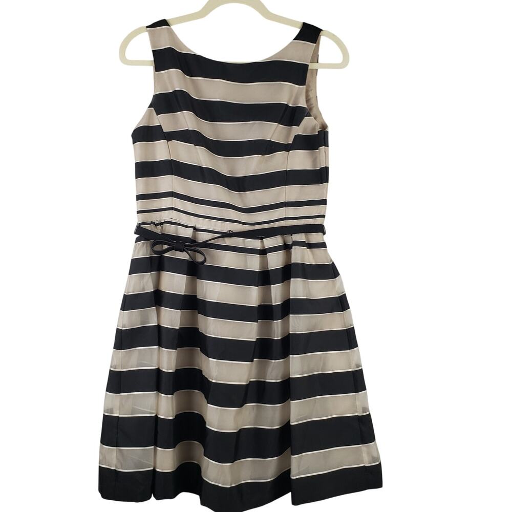 Taylor Size 6‎ Sleeveless Belted A-Line Stripe Dress Black Beige Preppy Nautical